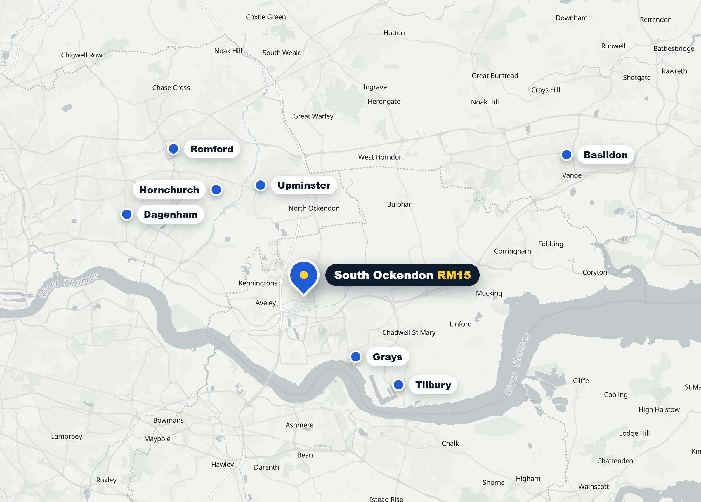 Map of Thurrock, south Essex and east London showing South Ockendon and the towns Emir Handyman covers